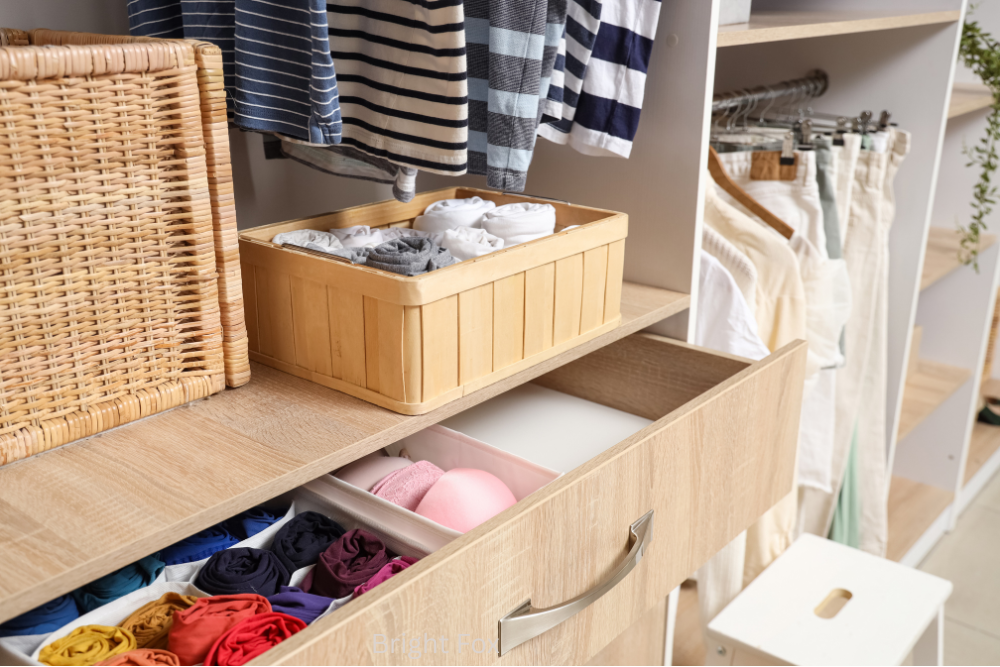 Organized closet with clothing arranged by color